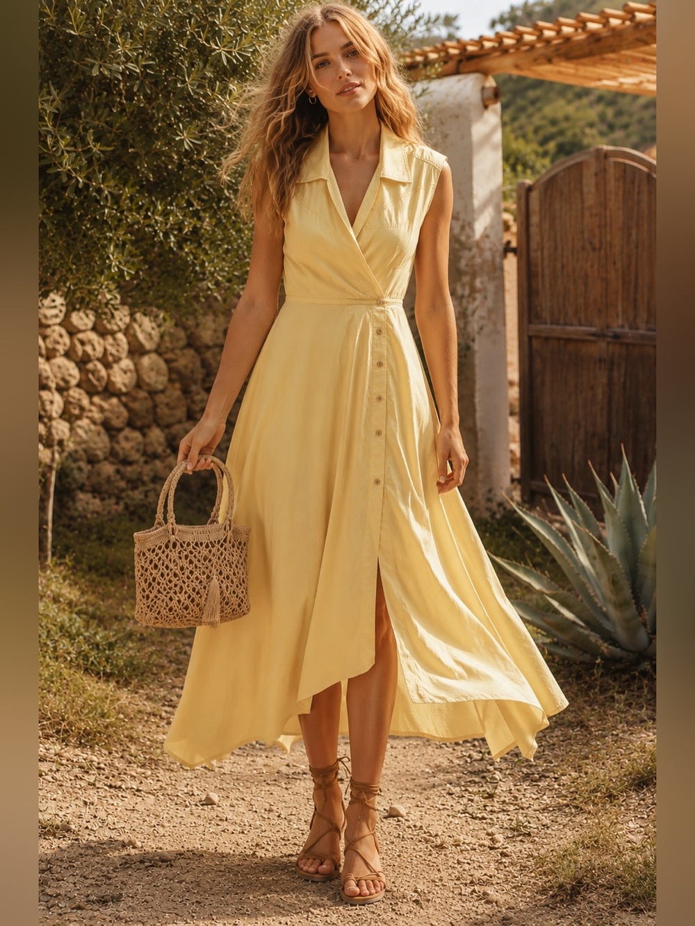 Pilcro Reworked Wrap Midi Dress by Anthropologie – Soft Yellow Wrap Shirt Dress